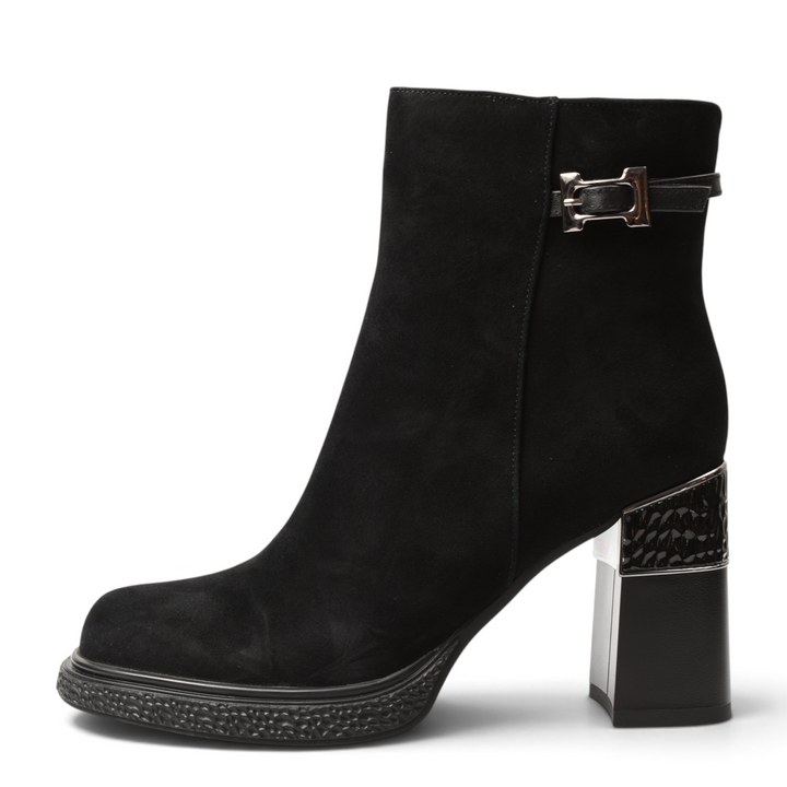 ada-shoes.ro black suede ankle boots with a chunky block heel, textured metallic detail, and decorative side strap.
