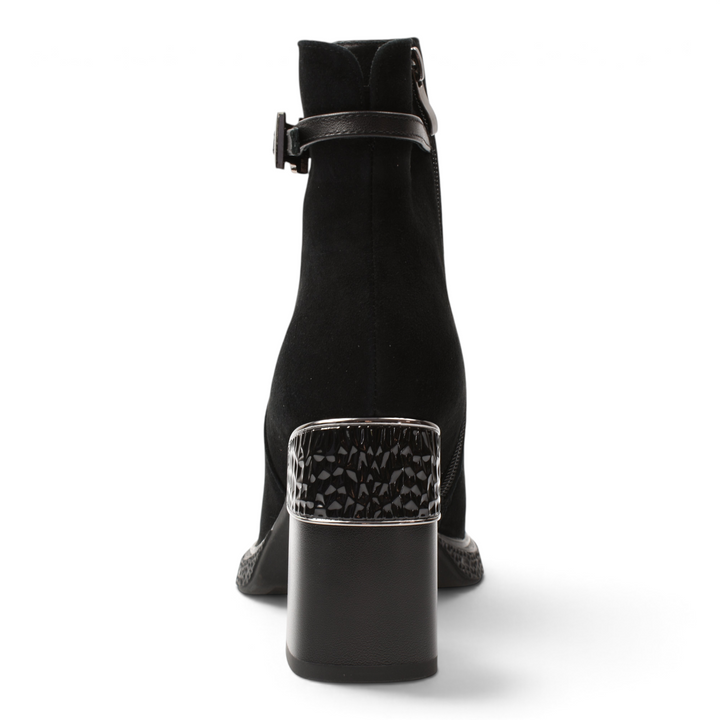 ada-shoes.ro black suede ankle boots with a chunky block heel featuring a textured metallic detail and side strap