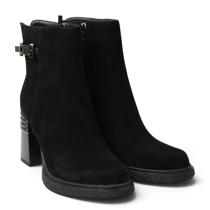ada-shoes.ro black suede ankle boots with a thick block heel, metallic textured detail, and side zipper closure.