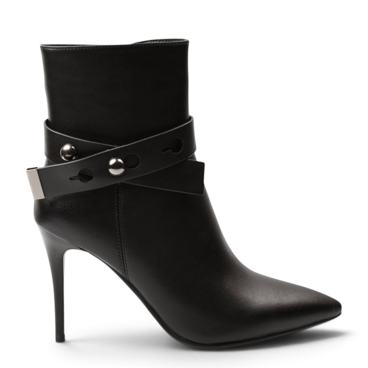 ada-shoes.ro Anna Viotti black leather stiletto ankle boots with decorative strap and metallic studs