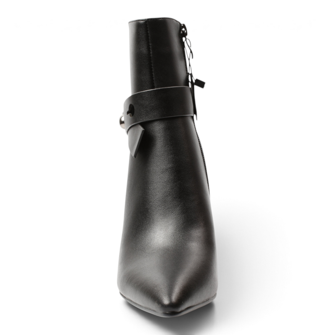 ada-shoes.ro Anna Viotti black leather stiletto ankle boots with a decorative strap and pointed toe design
