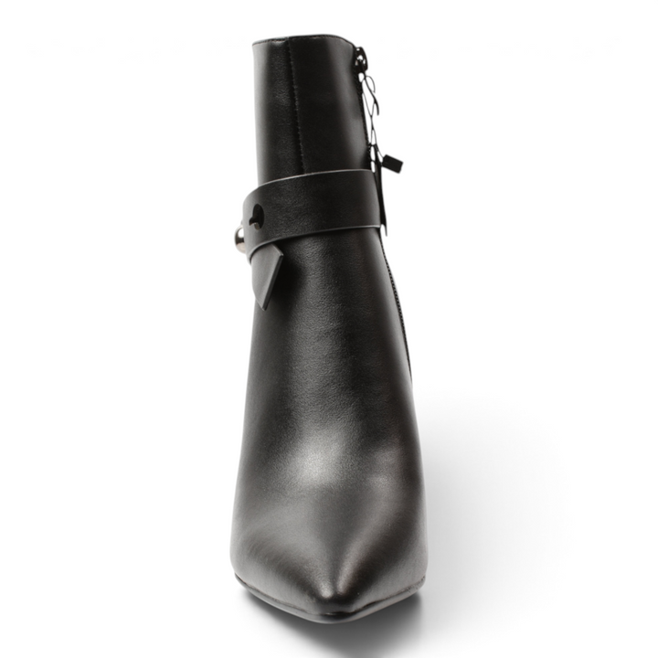ada-shoes.ro Anna Viotti black leather stiletto ankle boots with a decorative strap and pointed toe design