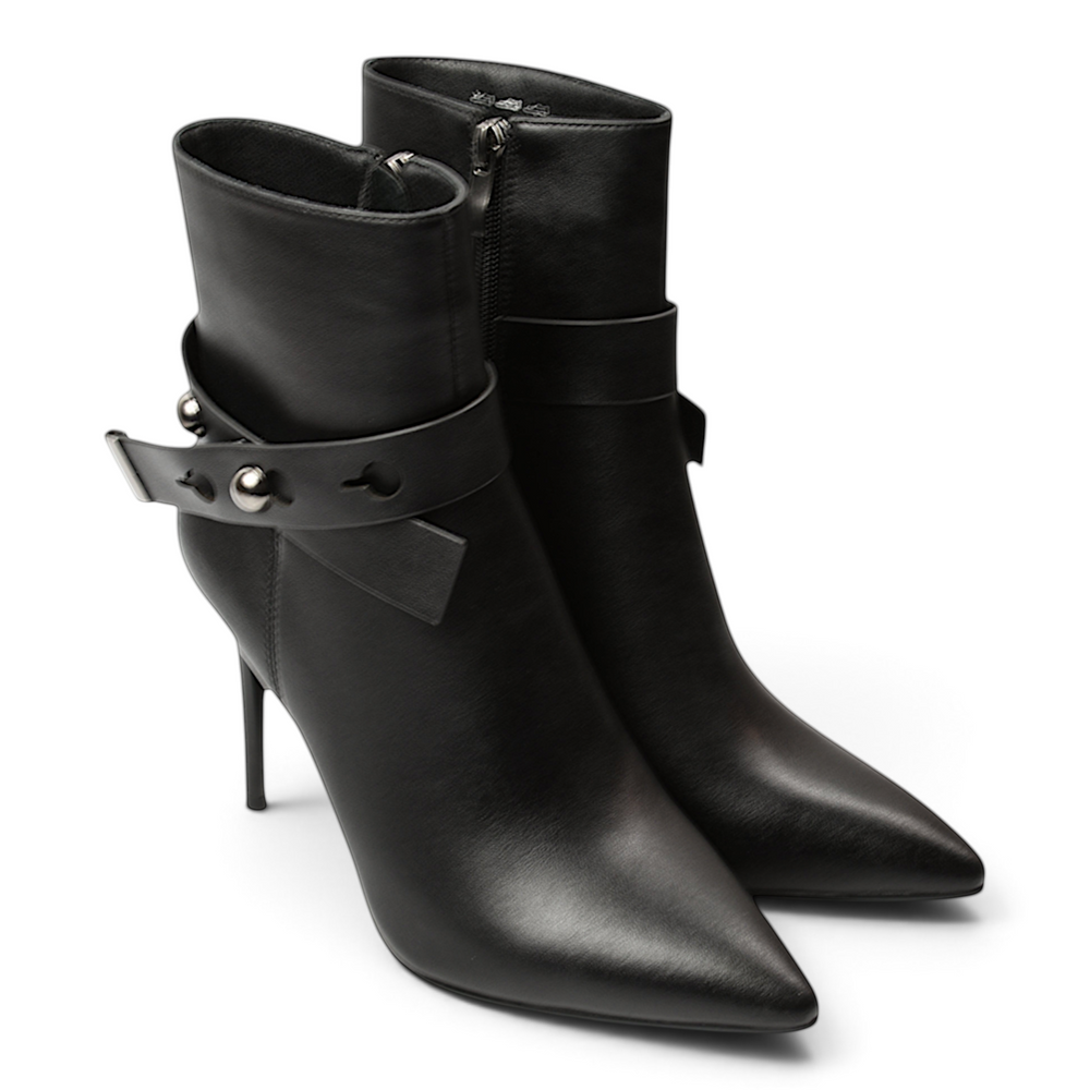 ada-shoes.ro Anna Viotti black leather stiletto ankle boots with decorative buckle strap and pointed toe