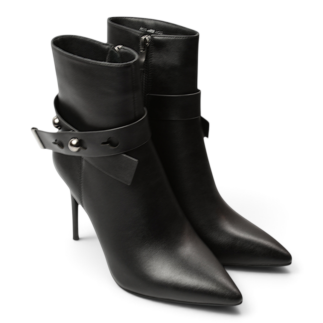 ada-shoes.ro Anna Viotti black leather stiletto ankle boots with decorative buckle strap and pointed toe
