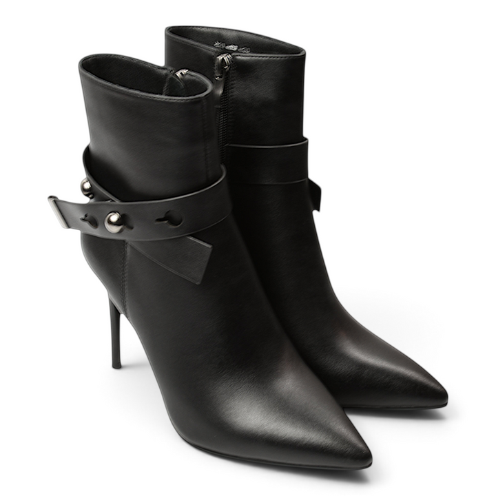 ada-shoes.ro Anna Viotti black leather stiletto ankle boots with decorative buckle strap and pointed toe
