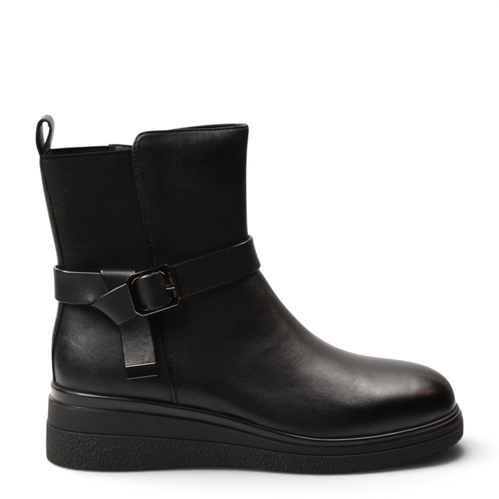 ada-shoes.ro Anna Viotti black leather ankle boots with a side buckle strap, rounded toe, and comfortable flat sole.