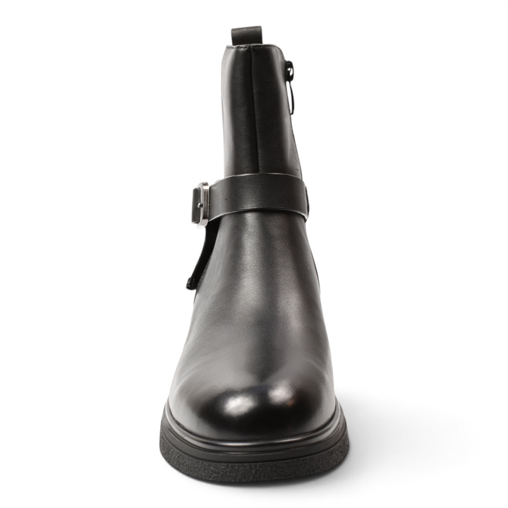 ada-shoes.ro Anna Viotti black leather ankle boots with side zipper, buckle strap detail, and low stable heel