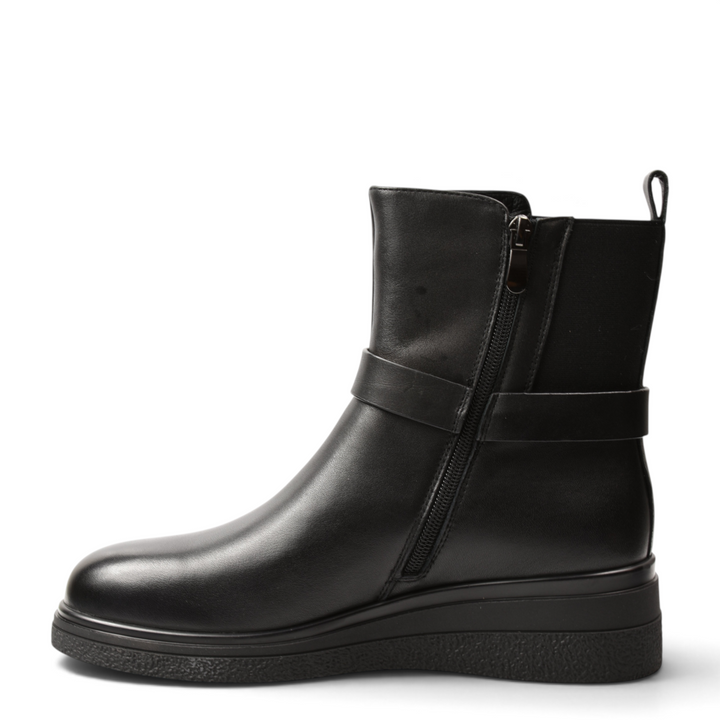 ada-shoes.ro Anna Viotti black leather ankle boots with side zipper, rounded toe, and stable low heel.