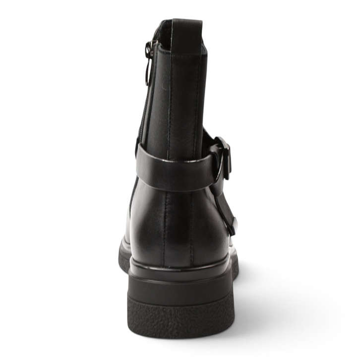 ada-shoes.ro Anna Viotti black leather ankle boots with side zipper and buckle detail, rear view