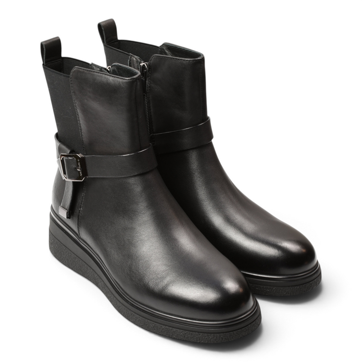 ada-shoes.ro Anna Viotti black leather ankle boots with side zipper, buckle strap detail, and low stable heel.