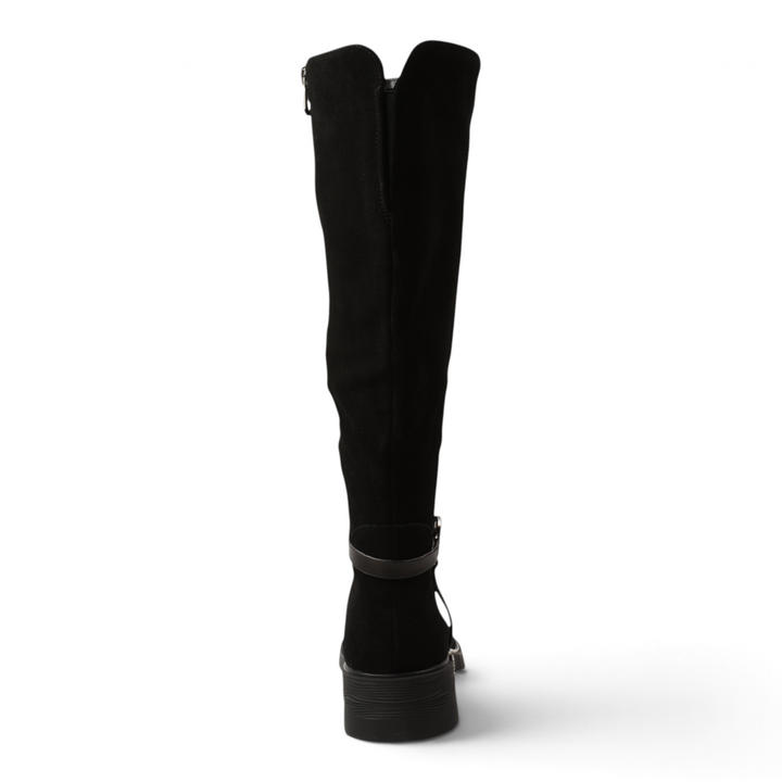 ada-shoes.ro Anna Viotti black suede knee-high boots with western-inspired design and metallic side details