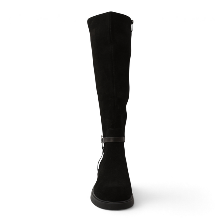 ada-shoes.ro Anna Viotti black suede knee-high boots with western-inspired design and metallic side detail
