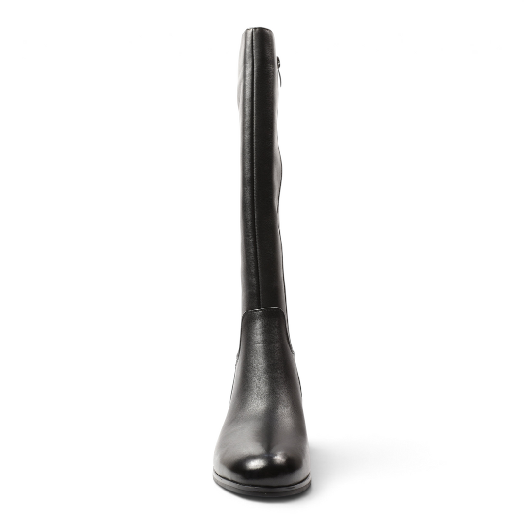 ada-shoes.ro Anna Viotti black leather knee-high boots with a pointed toe and stable heel, front view.