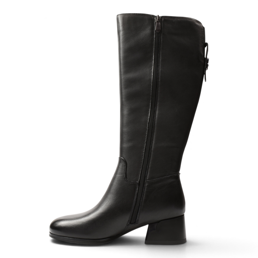 ada-shoes.ro Anna Viotti black leather knee-high boots with a stable block heel and side zipper closure.