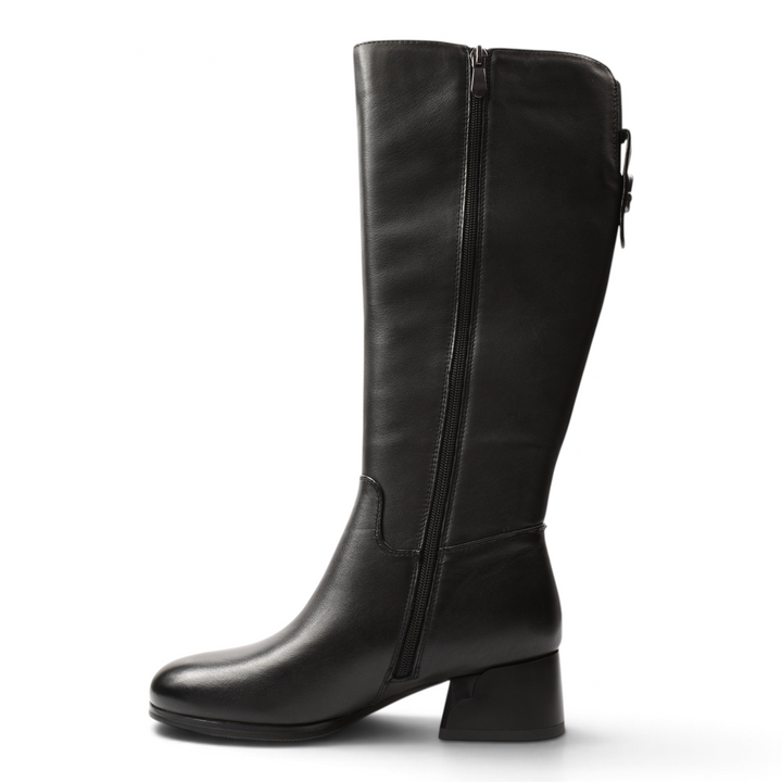ada-shoes.ro Anna Viotti black leather knee-high boots with a stable block heel and side zipper closure.
