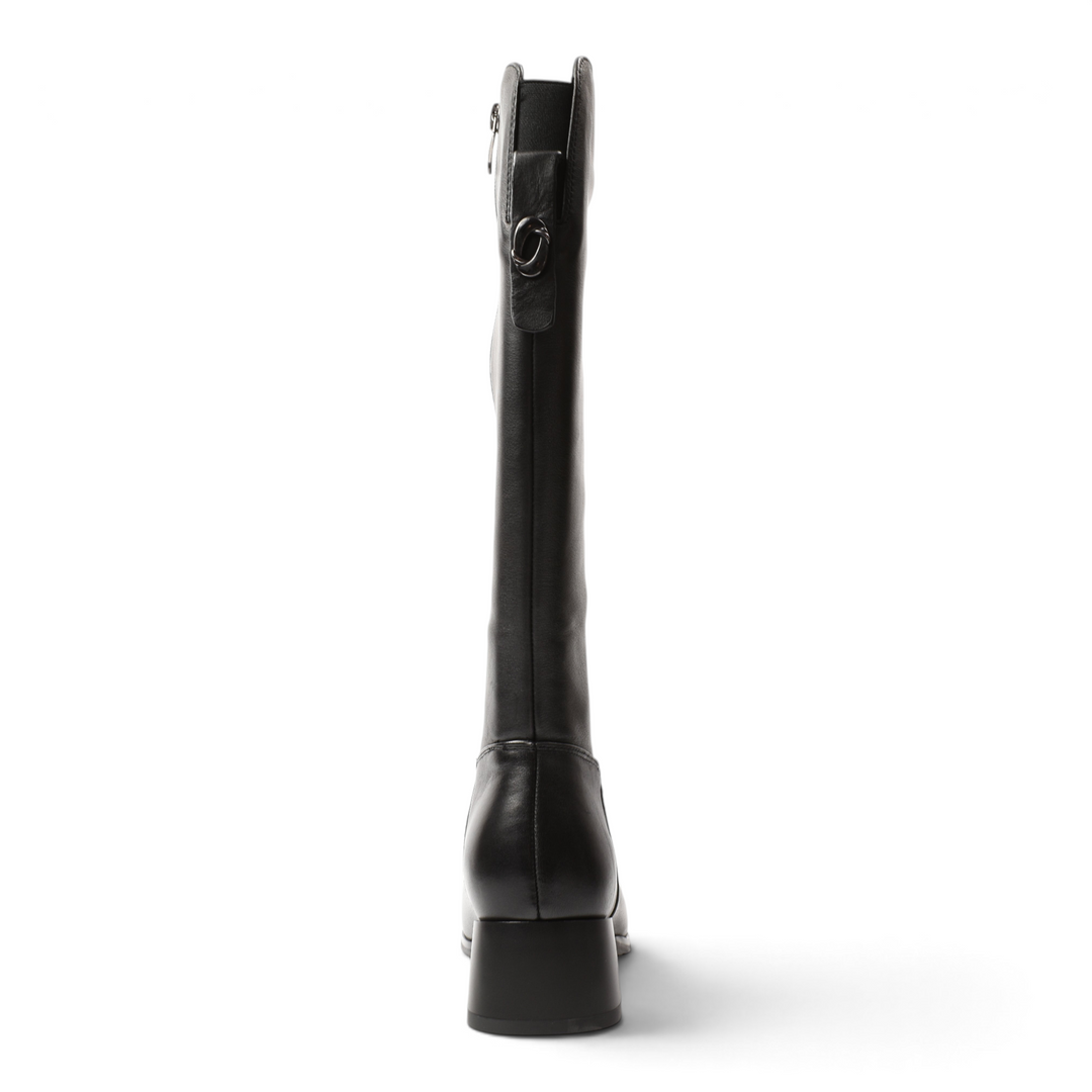 ada-shoes.ro Anna Viotti black leather knee-high boots with a stable block heel and side metallic detail, back view.