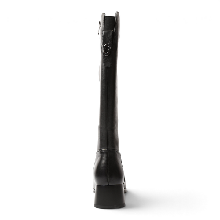 ada-shoes.ro Anna Viotti black leather knee-high boots with a stable block heel and side metallic detail, back view.