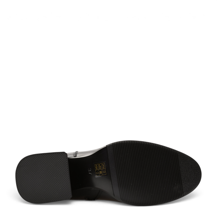 Black leather Anna Viotti boots sole view showing the textured rubber grip and stable block heel