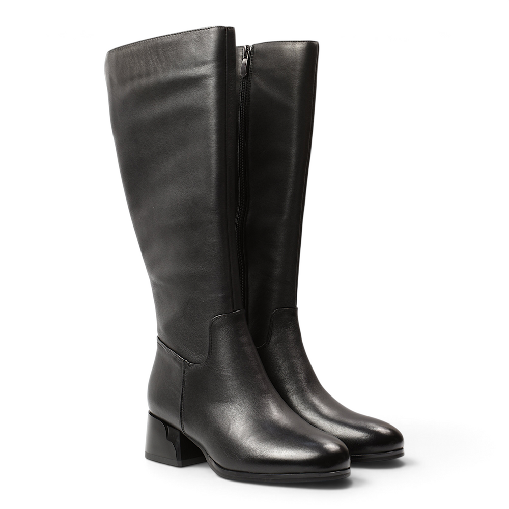 ada-shoes.ro Anna Viotti black leather knee-high boots with a stable block heel and pointed toe design.