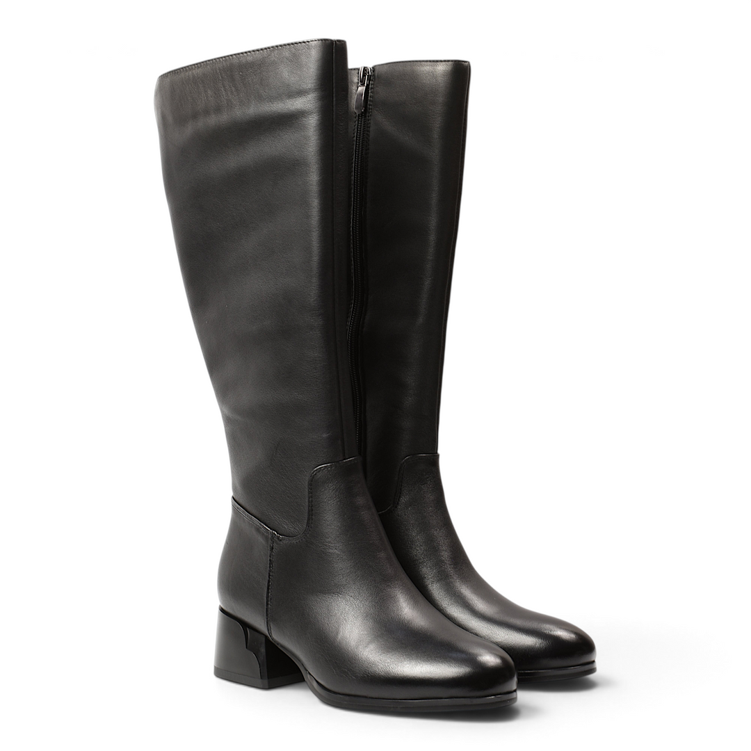 ada-shoes.ro Anna Viotti black leather knee-high boots with a stable block heel and pointed toe design.