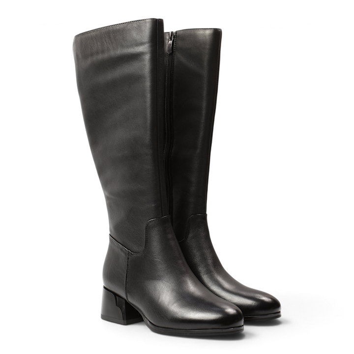 ada-shoes.ro Anna Viotti black leather knee-high boots with a stable block heel and pointed toe design.