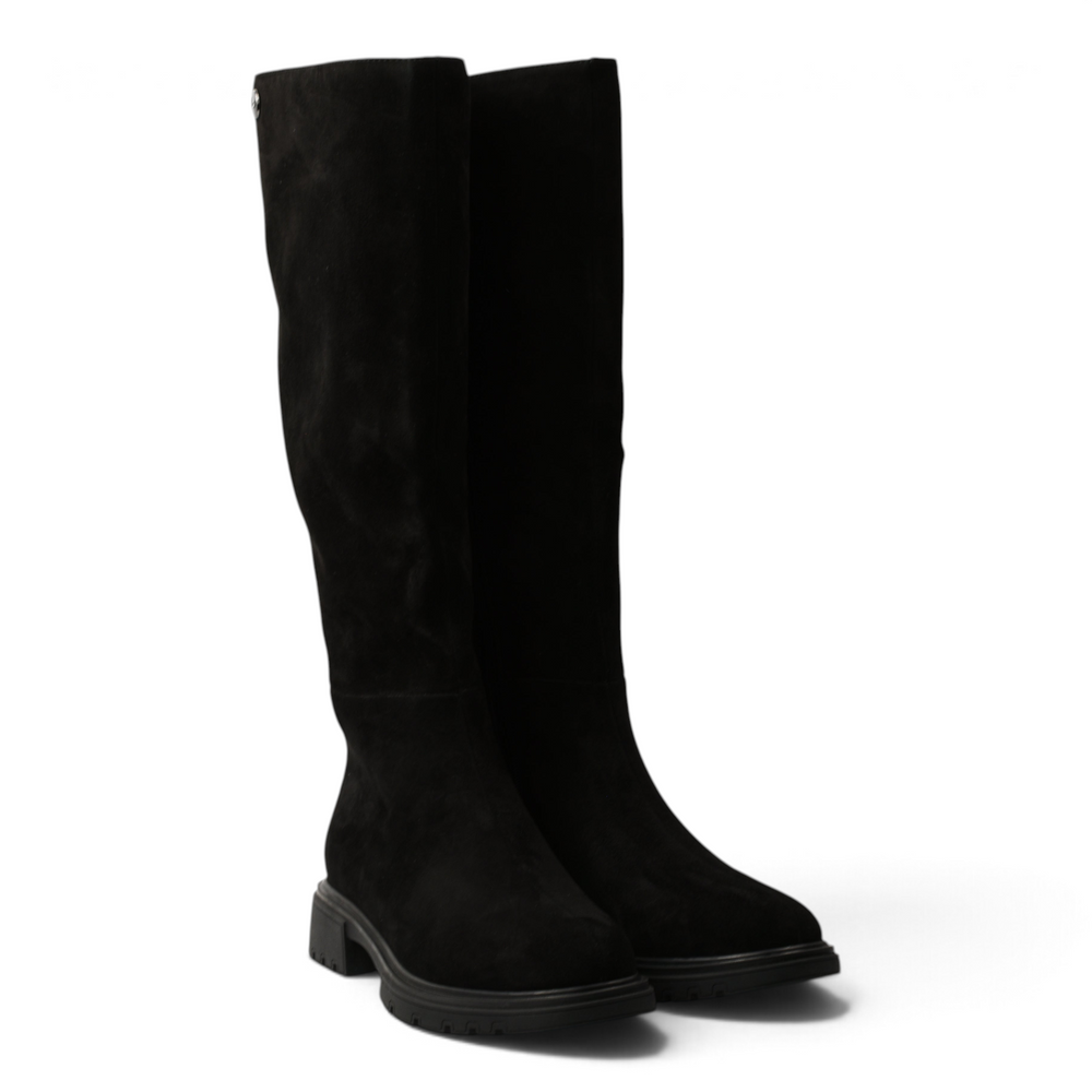 ada-shoes.ro black suede knee-high boots with a minimalist design, rounded toe, and a robust track sole in a studio setting