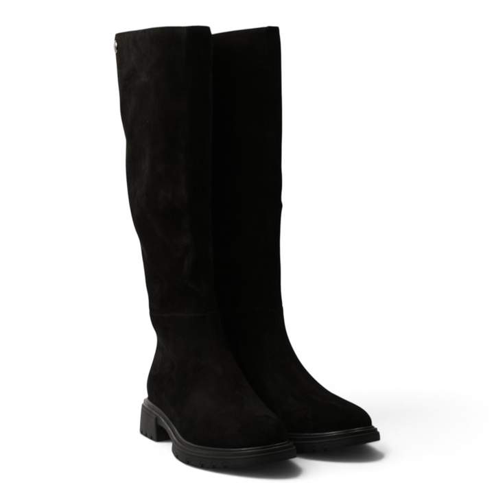 ada-shoes.ro black suede knee-high boots with a minimalist design, rounded toe, and a robust track sole in a studio setting
