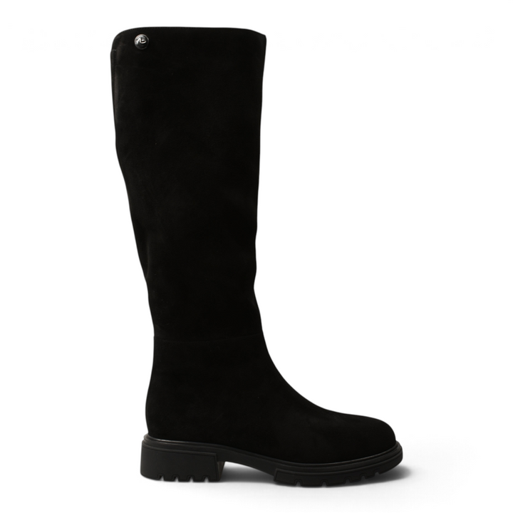 ada-shoes.ro black suede knee-high boots with a robust track sole and a small decorative metal pin on the side.
