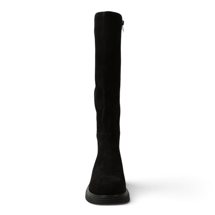 ada-shoes.ro black suede knee-high boots with a minimalist design and robust track sole for winter comfort