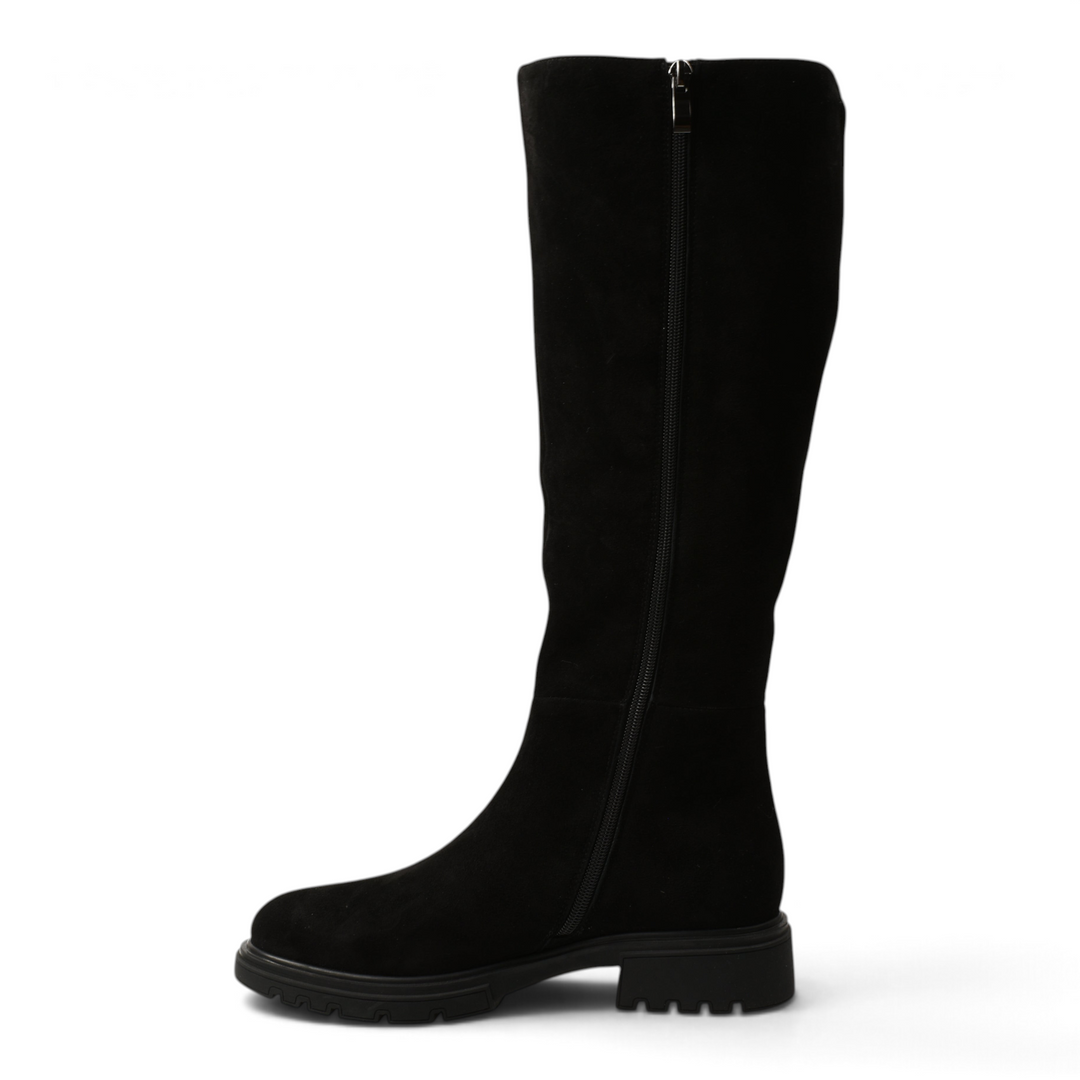 ada-shoes.ro black suede knee-high boots with a robust track sole and side zipper, featuring a minimalist design.