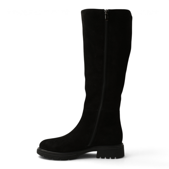 ada-shoes.ro black suede knee-high boots with a robust track sole and side zipper, featuring a minimalist design.