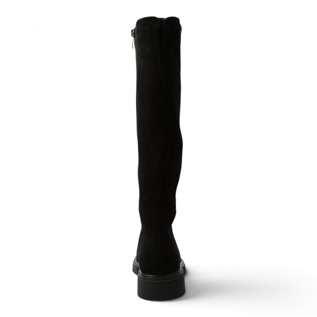 ada-shoes.ro black suede knee-high boots with a minimalist design and sturdy track sole, back view