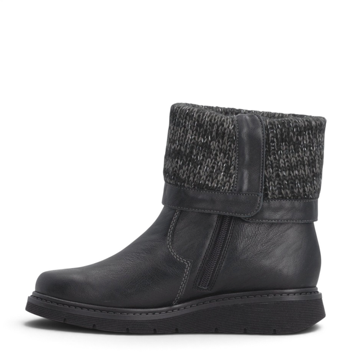 ada-shoes.ro Remonte black leather ankle boots with a foldable grey knit cuff and side zipper for winter comfort