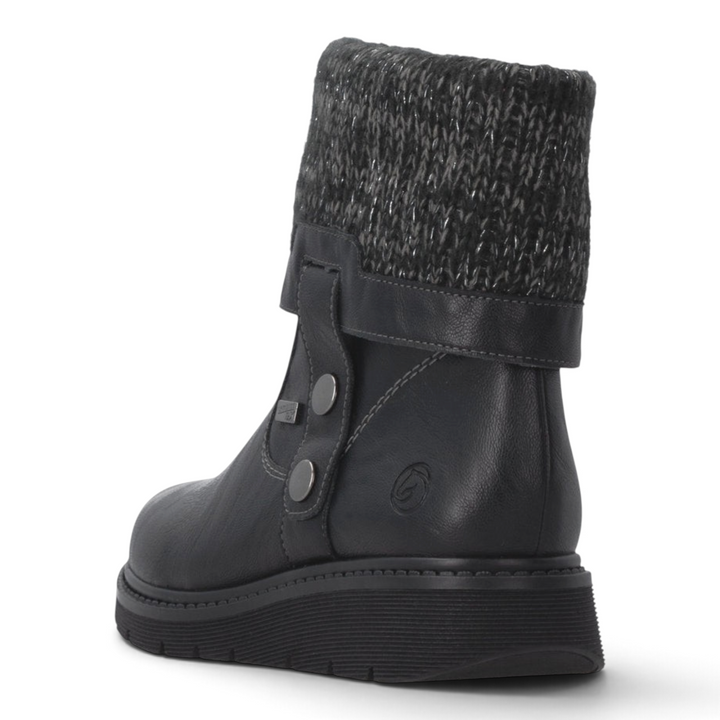 ada-shoes.ro Remonte black leather ankle boots with a foldable grey knit cuff and side zipper for winter comfort