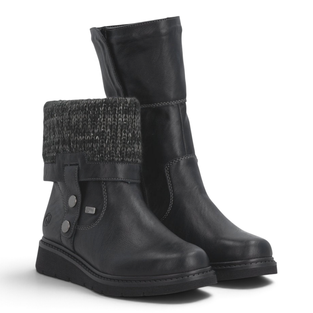ada-shoes.ro Remonte black leather 2-in-1 boots with foldable grey knit cuff and RemonteTEX waterproof membrane