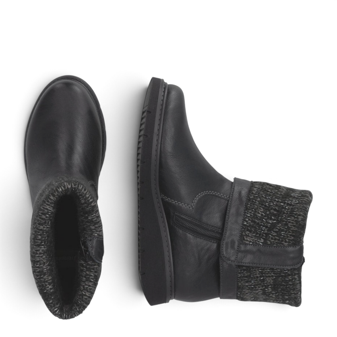 ada-shoes.ro Remonte black leather ankle boots with a foldable grey knit cuff and side zipper for winter comfort
