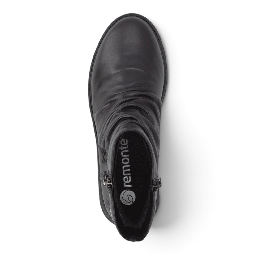 Top view of black leather Remonte D3981-00 ankle boots with slouchy design and dual zippers from ada-shoes.ro