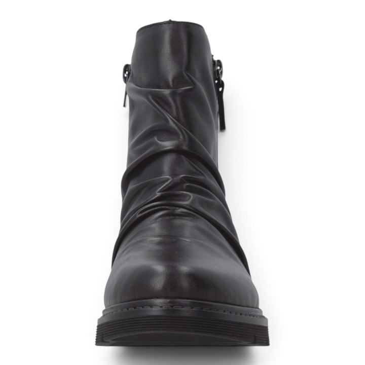 ada-shoes.ro Remonte black leather ankle boots with slouchy front design and dual side zippers