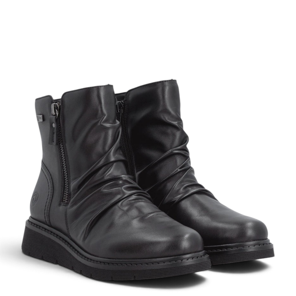 ada-shoes.ro Remonte D3981-00 black leather ankle boots with slouchy design, dual side zippers, and remonteTEX membrane