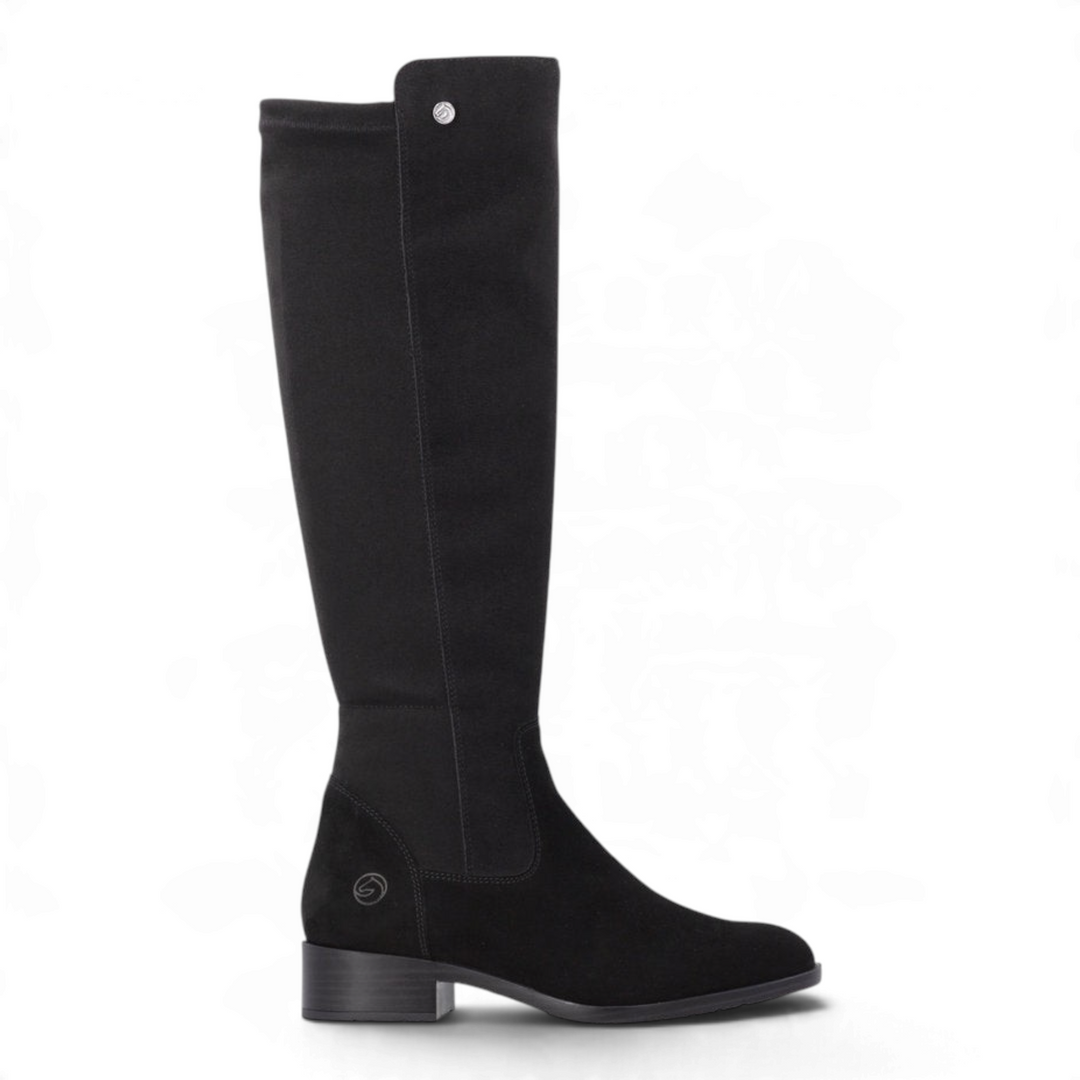 ada-shoes.ro Rieker black over-the-knee boots with a low block heel, side zipper, and elasticated back panel.