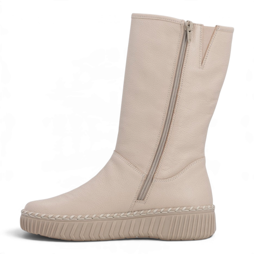 ada-shoes.ro Remonte beige faux leather mid-calf boots with side zipper, thick platform sole, and decorative stitching.