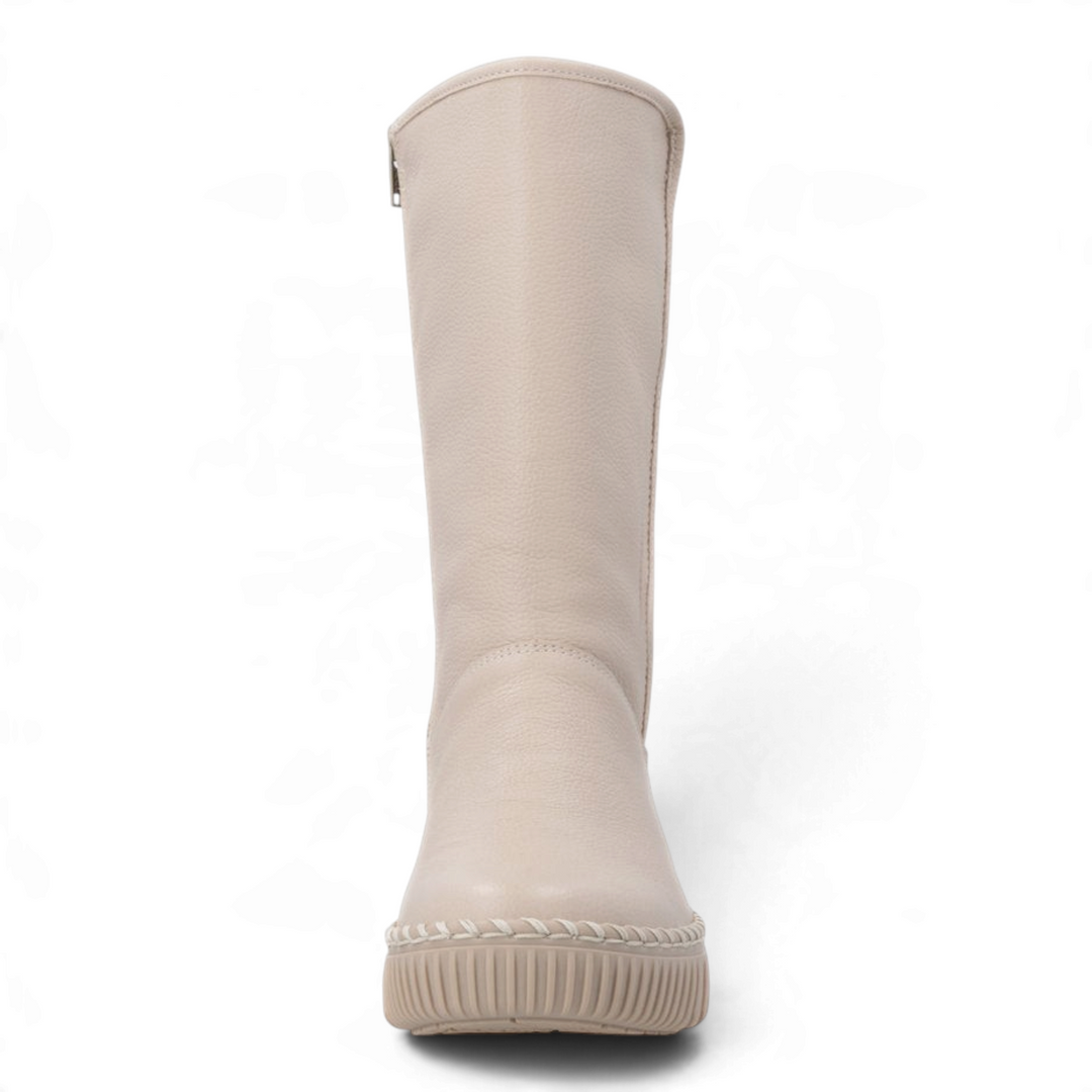 ada-shoes.ro Remonte beige mid-calf boots with faux leather, thick platform sole, and decorative hand-stitched detail