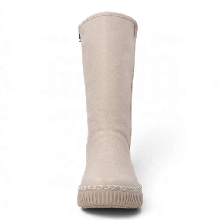 ada-shoes.ro Remonte beige mid-calf boots with faux leather, thick platform sole, and decorative hand-stitched detail
