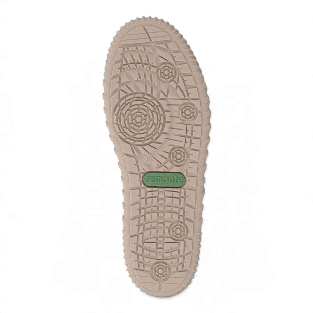 ada-shoes.ro Remonte beige boot sole with anti-slip tread pattern and green brand logo