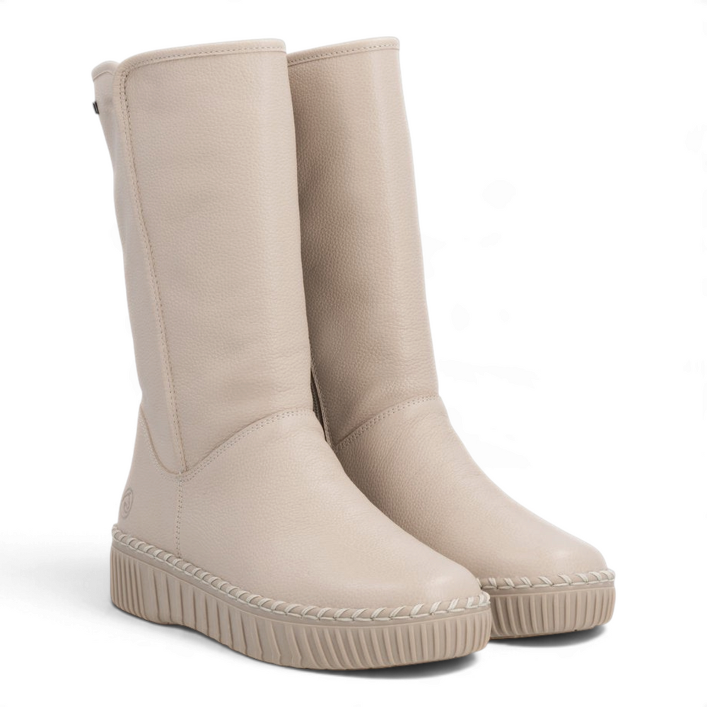 ada-shoes.ro Remonte beige mid-calf boots with faux leather texture, thick platform sole, and decorative stitching