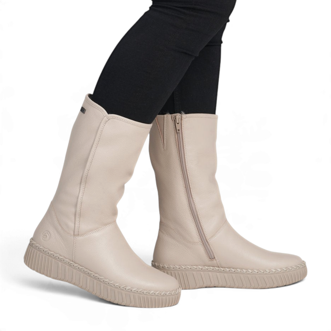 ada-shoes.ro Remonte beige faux leather mid-calf boots with side zipper, thick platform sole, and braided stitching.