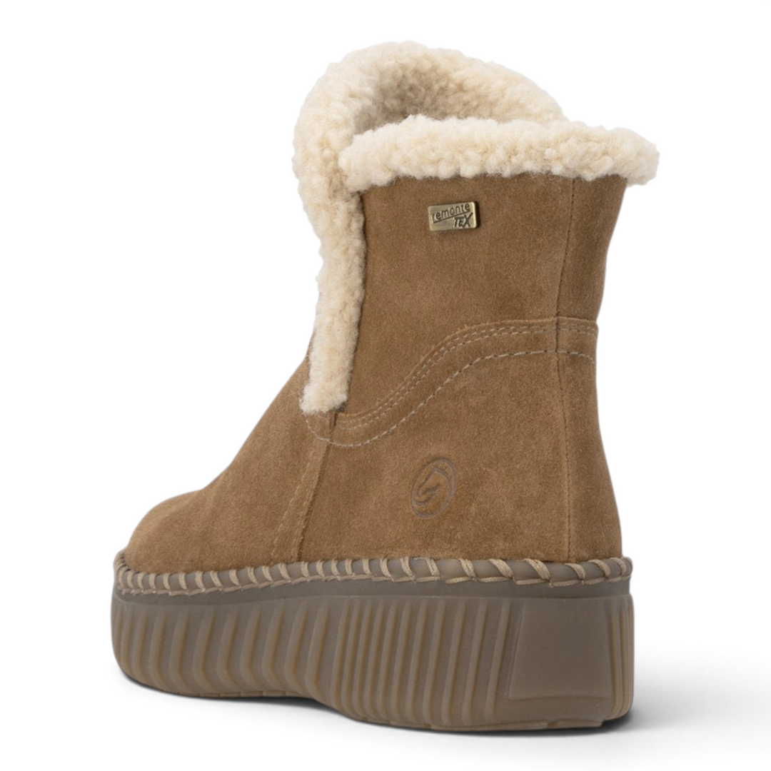 ada-shoes.ro Remonte D4A73-24 brown suede winter ankle boots with faux fur lining and thick platform sole, rear view