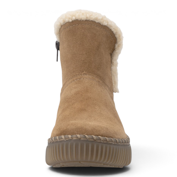 ada-shoes.ro Remonte D4A73-24 brown suede winter ankle boots with faux fur trim and thick rubber sole, front view
