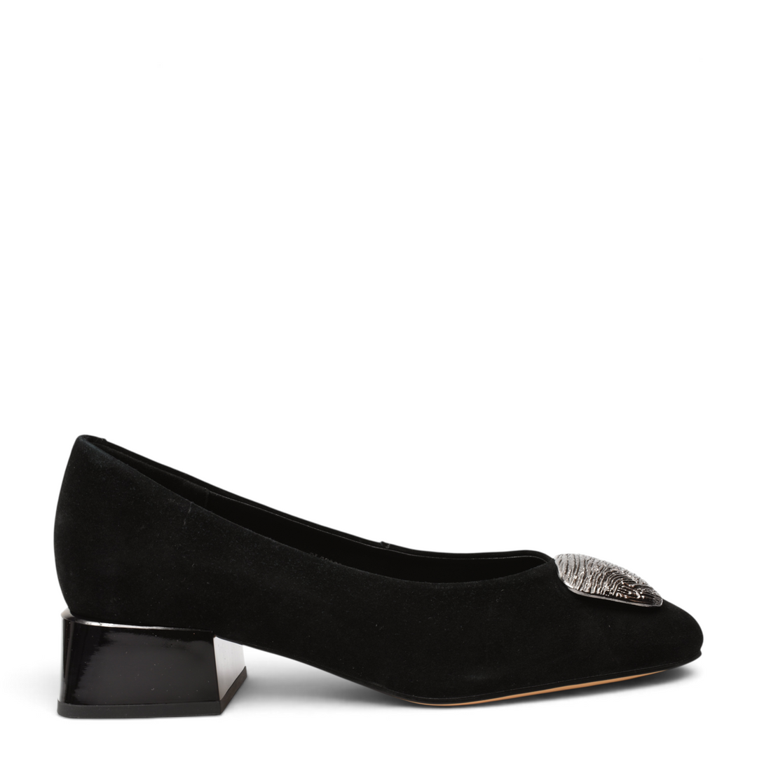 ada-shoes.ro Epica black suede elegant pumps with a low block heel and decorative silver metallic toe detail