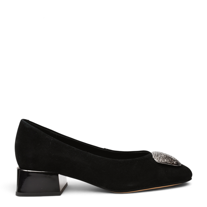 ada-shoes.ro Epica black suede elegant pumps with a low block heel and decorative silver metallic toe detail